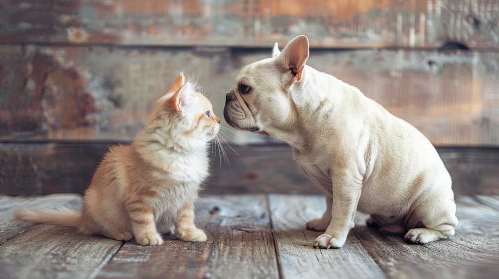A kitten and a French Bulldog puppy meeting nose to nose