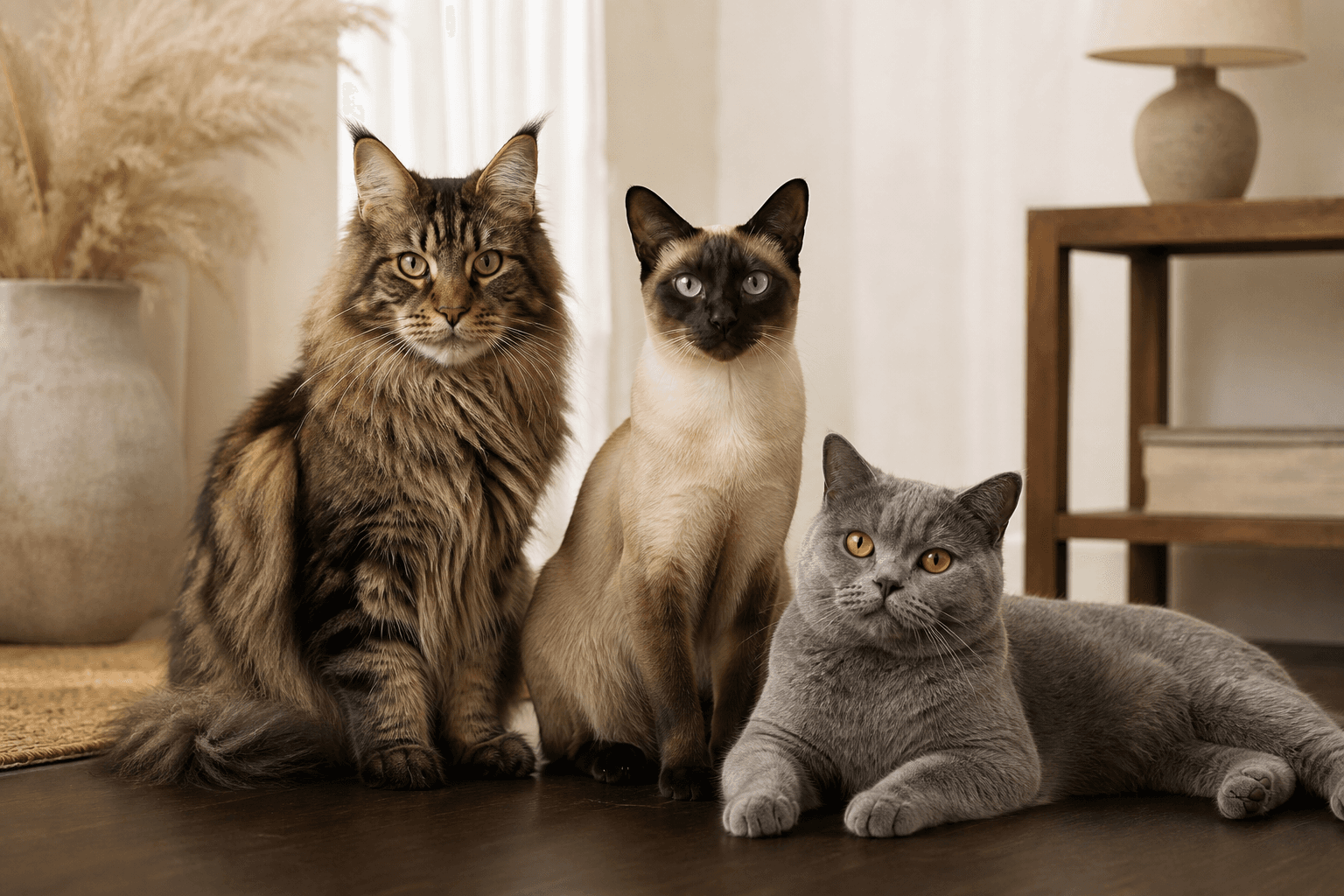Maine Coon, Siamese and British Shorthair cats representing different cat breeds