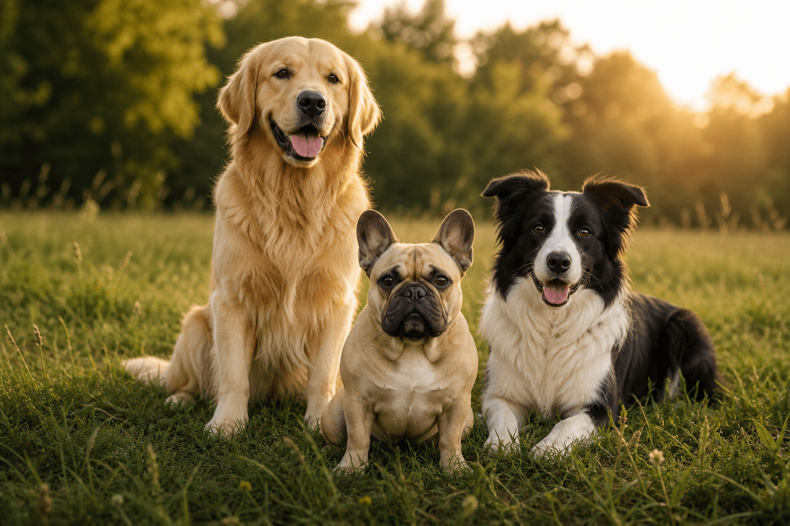 Golden Retriever, French Bulldog and Border Collie representing different dog breeds