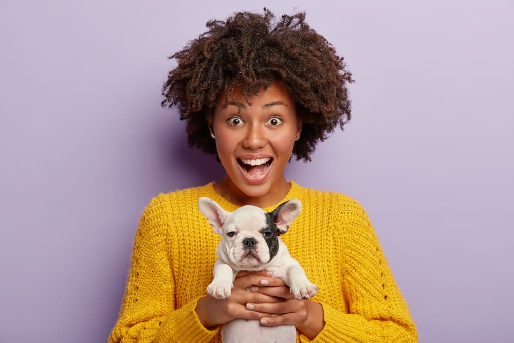 A happy new owner holding her French Bulldog puppy