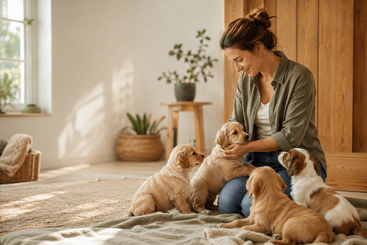 A responsible breeder caring for a healthy litter of puppies